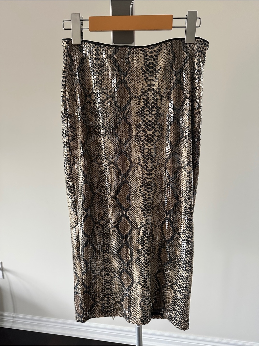 E.ssue Black and Brown Sequin Snake-Print Midi Skirt